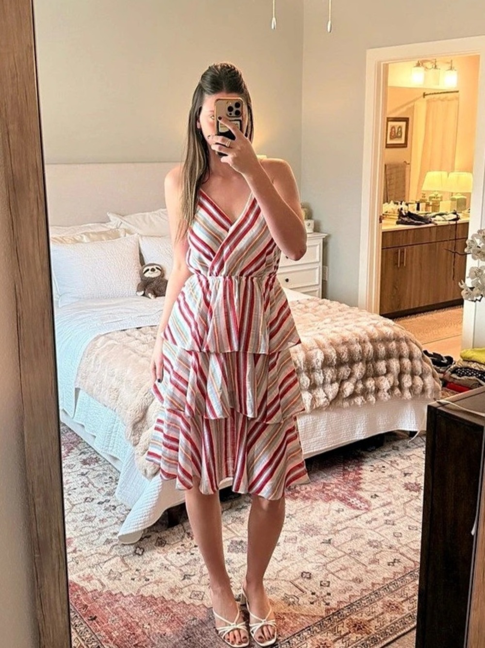 Striped Midi Dress in White & Red Like New